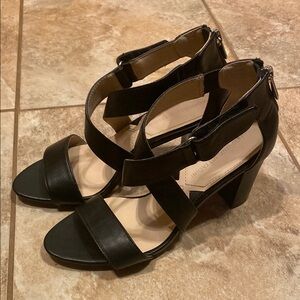 black strapped block heels